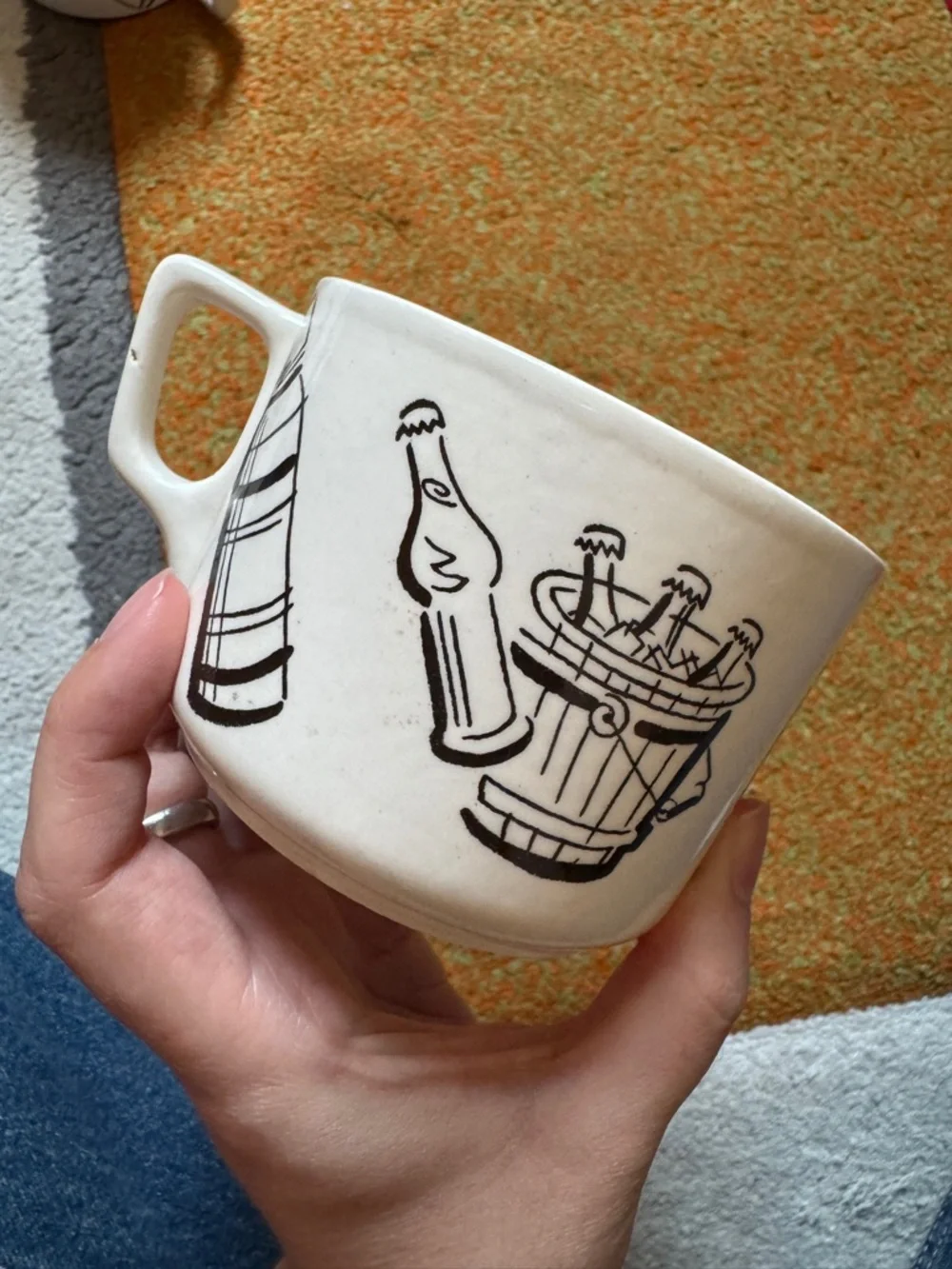 Vintage Style White Sectioned Dinner Plates and Mugs - Black Illustration